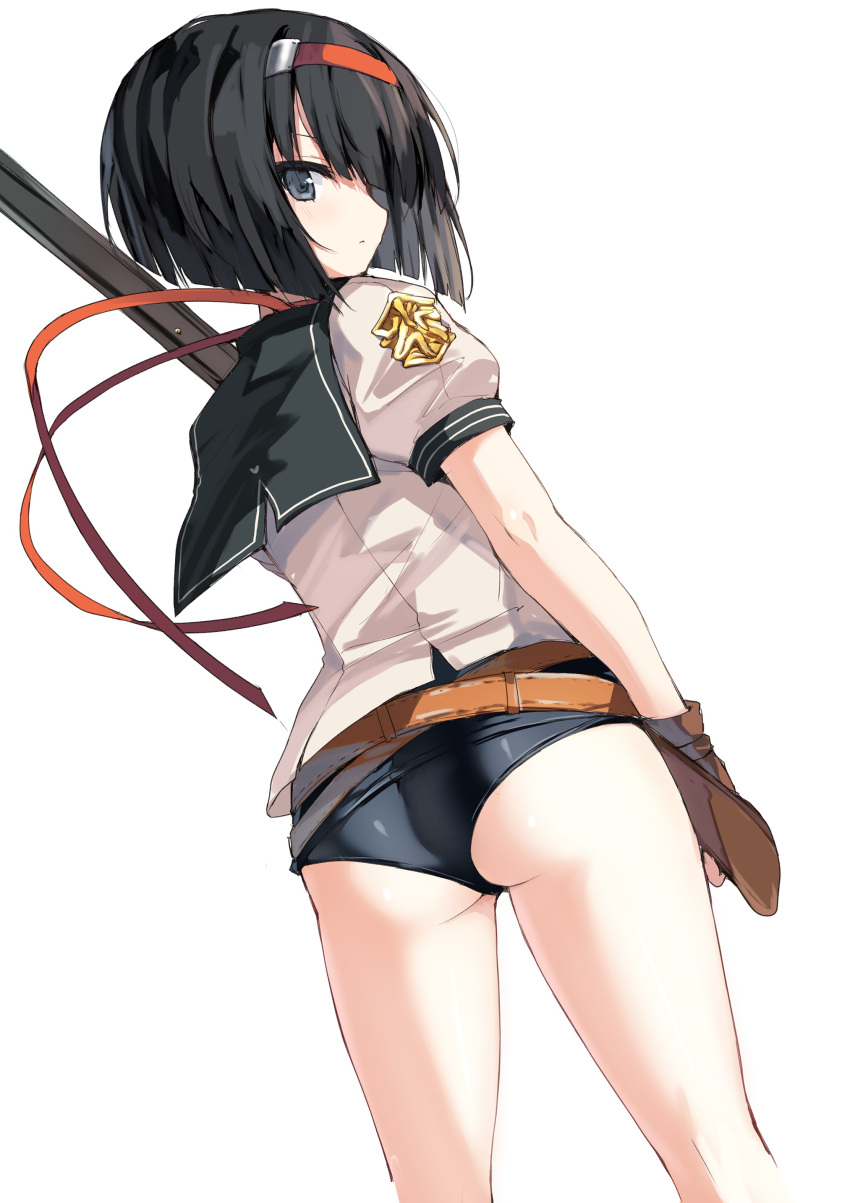 absurdres ass belt black_eyes black_hair black_one-piece_swimsuit black_sailor_collar blunt_bangs blunt_ends bob_cut brown_belt closed_mouth commentary dutch_angle feet_out_of_frame female from_behind frown gun hairband heart heart_print highres holding holding_gun holding_weapon light_blush long_ribbon looking_at_viewer looking_back one-piece_swimsuit profile puffy_short_sleeves puffy_sleeves rance_(series) red_hairband red_ribbon ribbon rifle sailor_collar school_uniform serafuku shirt short_hair short_sleeves simple_background solo standing straight_hair swimsuit swimsuit_under_clothes takepoison weapon white_background white_shirt yuzuhara_yuzumi