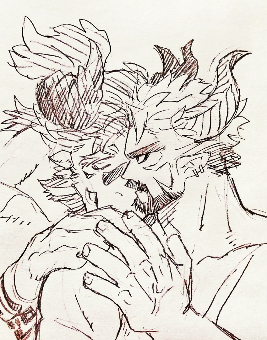 anothereidos_of_dragon_vein_r anthro atmos_(anothereidos_r) demon dragon duo european_mythology fishismdick hair hi_res horn horned_humanoid hug humanoid long_hair lucifer_(anothereidos_r) male male/male muscular muscular_male mythological_creature mythological_scalie mythology ponytail scalie western_dragon