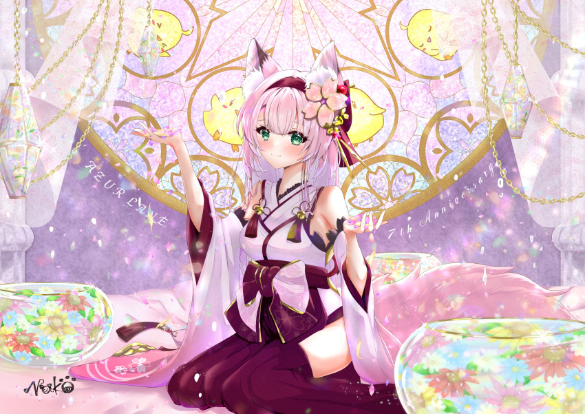 absurdres animal_ear_fluff animal_ears artist_name azur_lane bare_shoulders blue_flower bowl breasts detached_sleeves female flower fox_ears fox_girl green_eyes hair_flower hair_ornament hairband hanazuki_(azur_lane) highres hip_vent holding holding_petal indoors long_hair long_sleeves looking_at_viewer manjuu_(azur_lane) medium_breasts nako_nya petals pink_flower pink_hair pink_tail pink_theme red_flower red_hairband solo stained_glass wide_sleeves yellow_flower