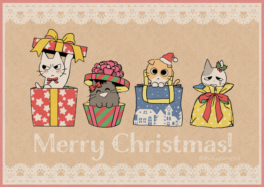 amayakasuneko ambiguous_gender christmas christmas_clothing christmas_headwear clothing domestic_cat felid feline felis feral group hat headgear headwear holidays mammal mojacookie nagameruneko official_art present_wrap santa_hat shikaruneko shikaruneko_(series) whiskers