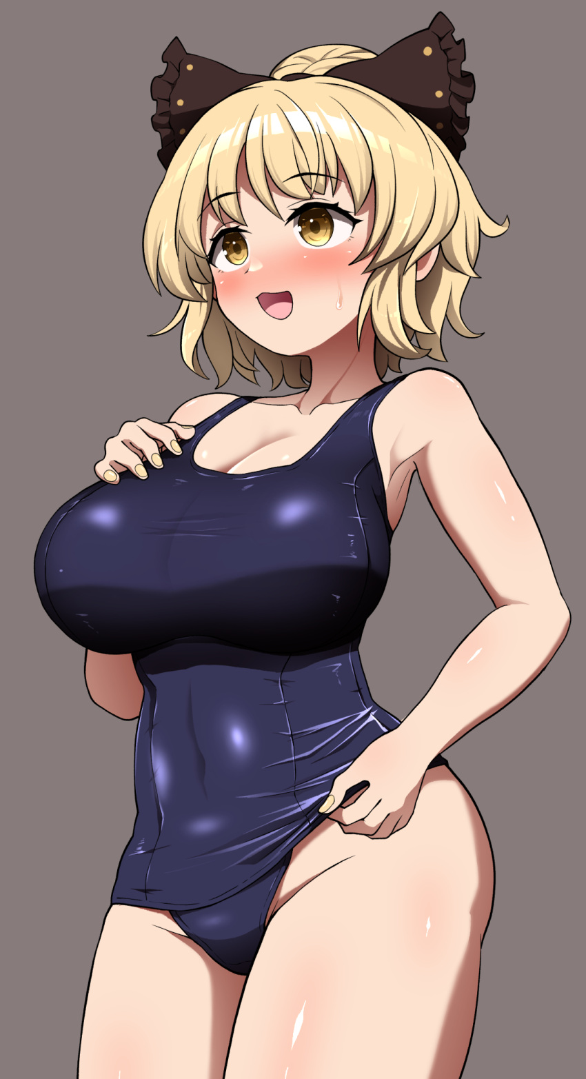 black_bow black_one-piece_swimsuit blonde_hair blush bow breasts chups cleavage clothes_pull commentary_request female grey_background groin hairbow highres kurodani_yamame large_breasts one-piece_swimsuit one-piece_swimsuit_pull open_mouth pulling_own_clothes school_swimsuit short_hair simple_background solo swimsuit touhou yellow_eyes