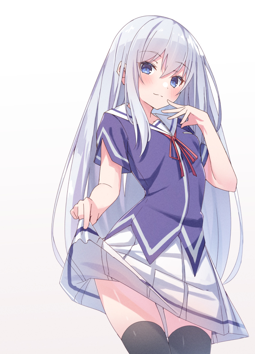 black_thighhighs blue_eyes blue_shirt clothes_lift female grey_hair hair_between_eyes highres lifting_own_clothes long_hair miniskirt natsukawa_masuzu neck_ribbon ore_no_kanojo_to_osananajimi_ga_shuraba_sugiru red_ribbon ribbon sailor_collar school_uniform shiro_youduki shirt short_sleeves skirt skirt_lift solo thighhighs thighs very_long_hair white_sailor_collar white_skirt