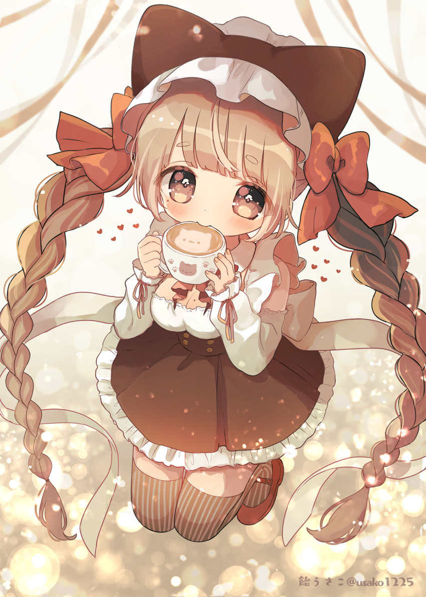 ame_usako animal_ears animal_hat bangs banned_artist blush bow braid breasts brown_eyes brown_hair brown_headwear brown_legwear brown_skirt cleavage commentary_request cup drinking eyebrows_visible_through_hair fake_animal_ears female frilled_skirt frills full_body hairbow hands_up hat heart highres holding holding_cup long_hair long_sleeves looking_at_viewer medium_breasts mole mole_on_breast original pleated_skirt puffy_long_sleeves puffy_sleeves red_bow red_footwear shirt shoes short_eyebrows skirt sleeves_past_wrists solo striped striped_legwear thick_eyebrows thighhighs twin_braids twintails twitter_username vertical-striped_legwear vertical_stripes very_long_hair white_shirt