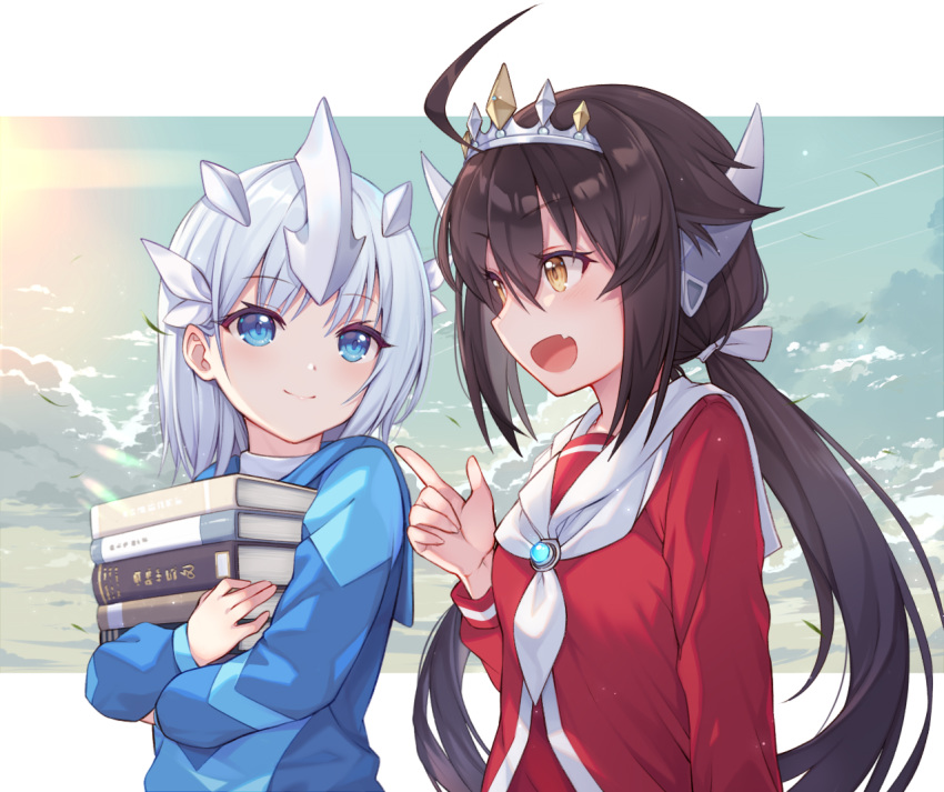 2girls ahoge blue_eyes blue_shirt blush book book_stack brown_eyes brown_hair closed_mouth commentary_request crown gem genderswap_(mtf) grey_hair hair_between_eyes hair_ornament hand_up holding holding_book hugging_object index_finger_raised long_hair long_sleeves looking_at_another multiple_girls neckerchief oerba_yun_fang open_mouth personification pointing pointing_at_another ponytail red_shirt rule_63 sailor_collar school_uniform serafuku shirt sky smile taro_(ultrataro) twintails ultra_galaxy_fight:_the_absolute_conspiracy ultra_series ultraman_tarou ultraman_tarou_(series) ultraman_tregear upper_body