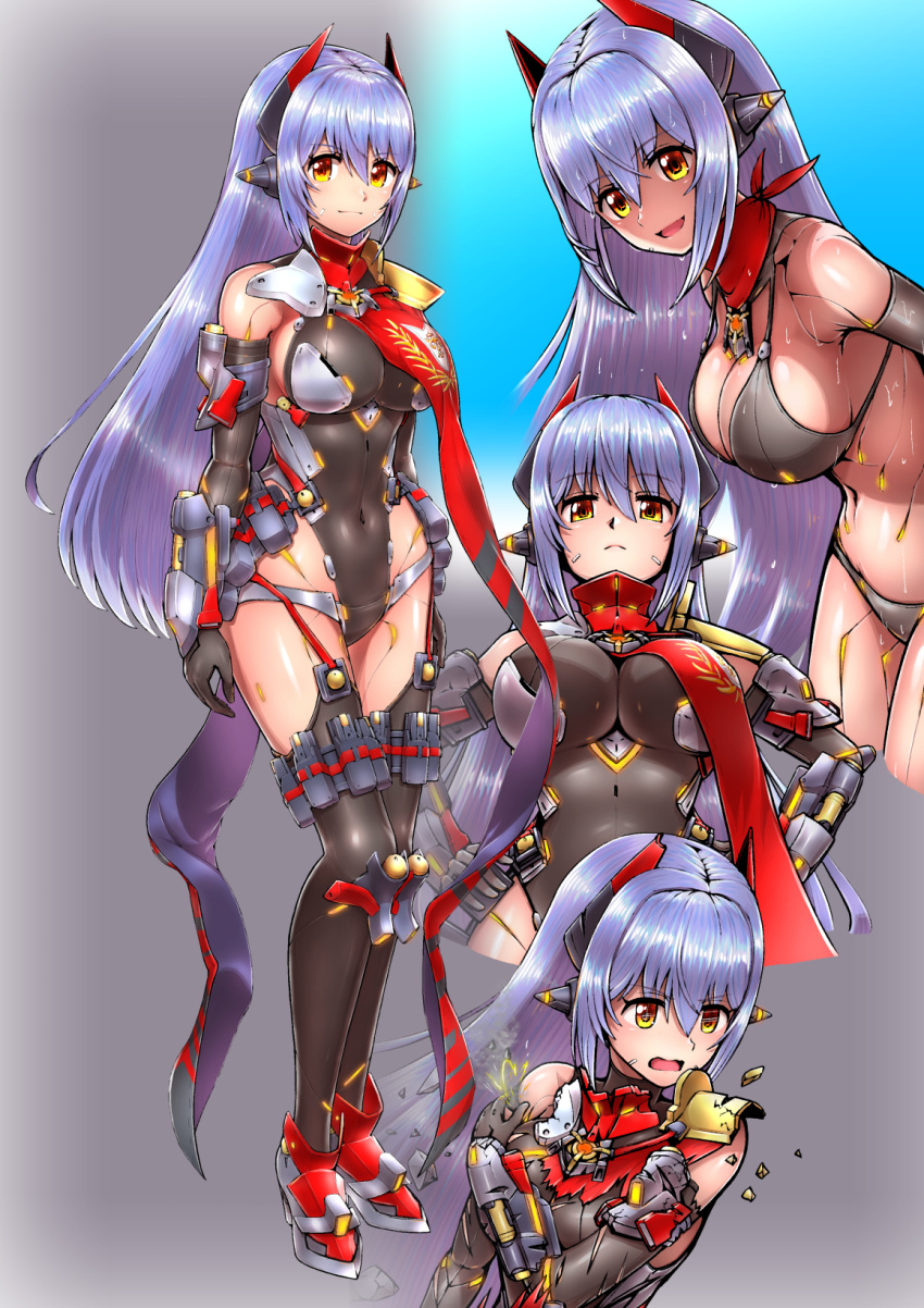 android bad_id bad_pixiv_id bikini breasts female fukadumeasadume highres joints large_breasts leotard long_hair multiple_views poppi_(xenoblade) poppi_qtpi_(xenoblade) purple_hair robot_ears robot_joints scarf swimsuit xenoblade_chronicles_(series) xenoblade_chronicles_2