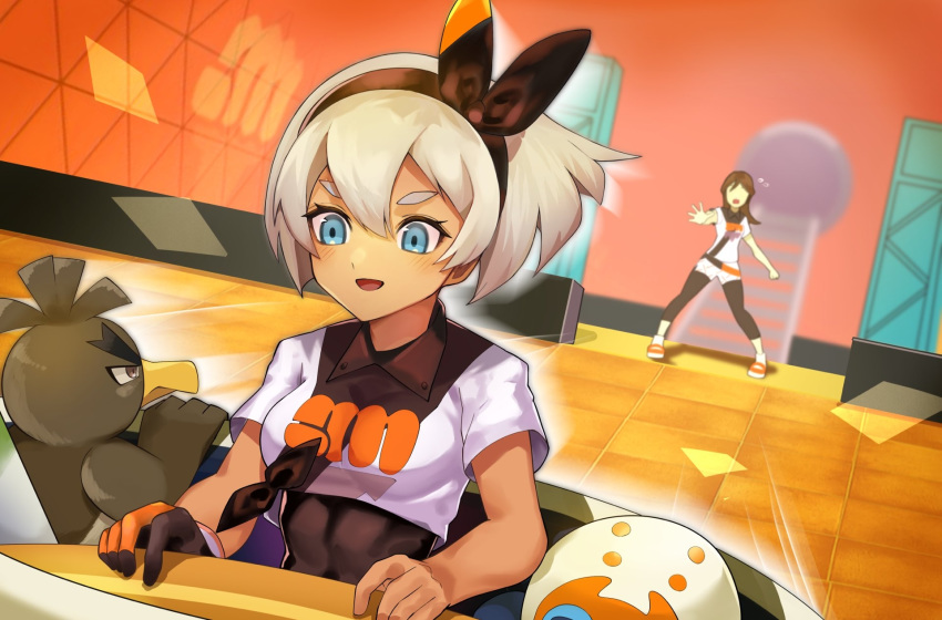 2girls bea_(pokemon) black_bodysuit black_hairband blonde_hair blue_eyes blush bodysuit bodysuit_under_clothes bow_hairband clobbopus collared_shirt commentary dark-skinned_female dark_skin dynamax_band eyelashes flying_sweatdrops galarian_farfetch'd gloves gym_trainer_(pokemon) hair_between_eyes hairband highres indoors katwo legs_apart motion_lines multiple_girls open_mouth pokemon pokemon_(creature) pokemon_swsh print_shirt shirt short_hair short_sleeves single_glove smile standing tied_shirt tongue