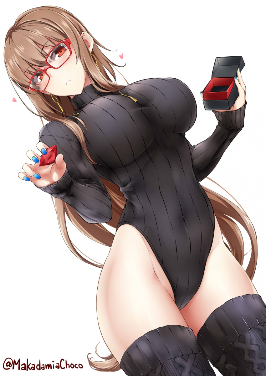 absurdres black_thighhighs blue_nails breasts brown_hair commentary_request cowboy_shot ear_piercing earrings female glasses groin heattech_leotard highleg highleg_leotard highres holding hoop_earrings jewelry large_breasts leotard lindoh_flores long_hair long_sleeves looking_at_viewer meme_attire nail_polish original parted_lips piercing red-eyes_macadamiachoco red-framed_eyewear red_eyes ribbed_leotard ribbed_sweater simple_background solo sweater thighhighs thighs turtleneck turtleneck_sweater twitter_username very_long_hair white_background