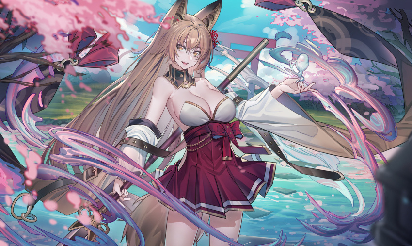 animal_ears animistic armpits bare_shoulders belt breasts brown_eyes brown_hair cleavage cowboy_shot detached_collar detached_sleeves echj female fox_ears fox_girl fox_tail hakama hakama_short_skirt hakama_skirt high-waist_skirt highres hip_vent holding holding_polearm holding_weapon japanese_clothes large_breasts long_hair looking_at_viewer magic miko miniskirt open_mouth outdoors pleated_skirt polearm red_skirt skirt smile solo spear standing strapless tail very_long_hair water weapon wide_sleeves