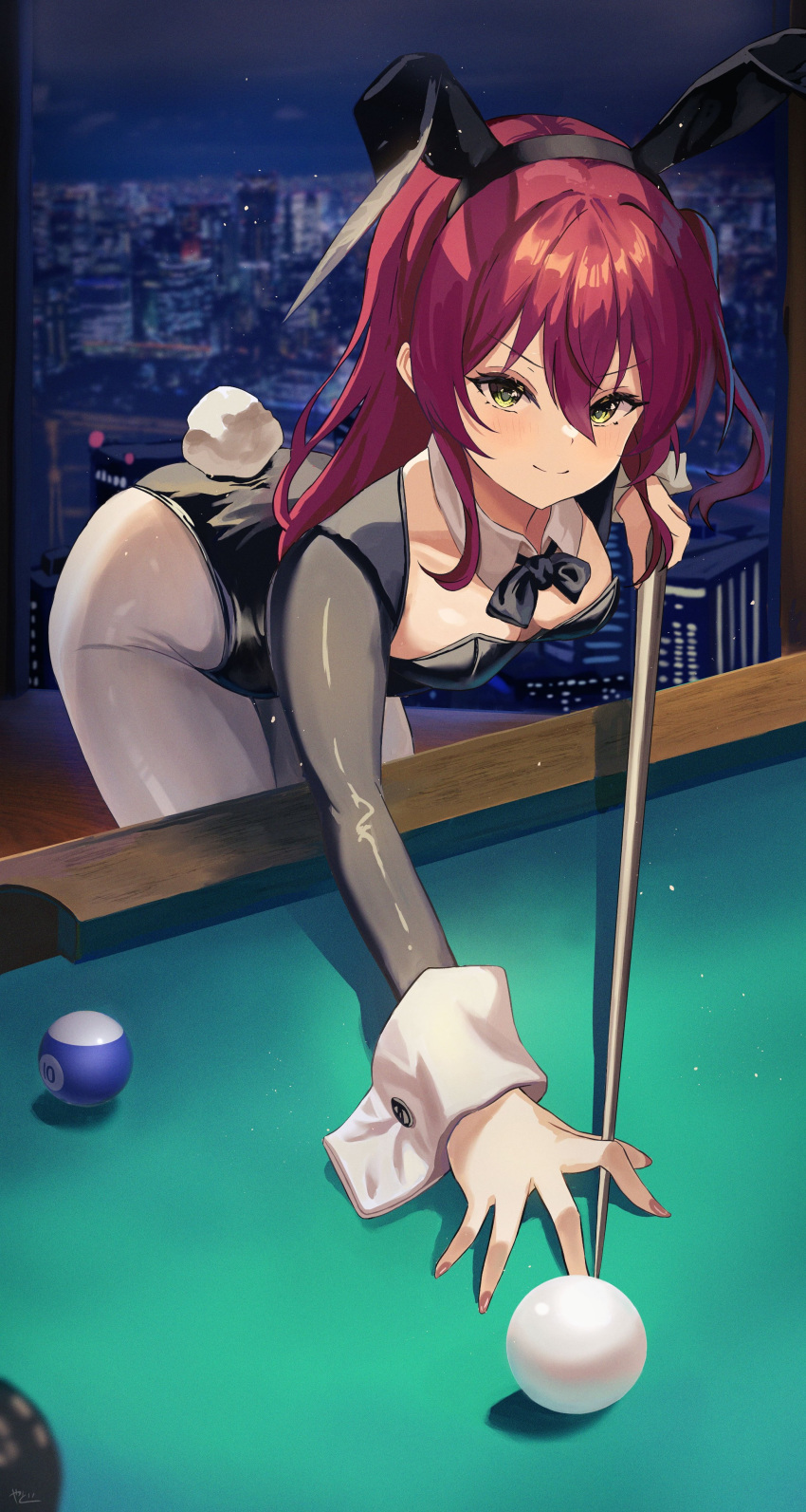 absurdres alternate_costume animal_ears ball billiard_ball billiards black_leotard blush bocchi_the_rock! breasts cue_stick detached_collar fake_animal_ears female highleg highres holding_cue_stick kita_ikuyo leotard looking_at_viewer one_side_up playboy_bunny pool_table rabbit_ears rabbit_tail red_hair small_breasts solo table tail wrist_cuffs yato_(yama0x1)