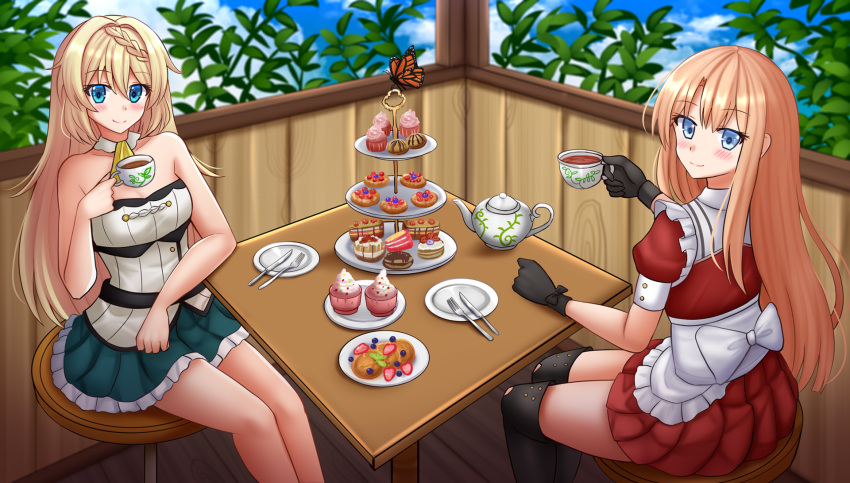 2girls aizawa_azusa animal anna_wimbeldon apron bare_arms bare_shoulders black_legwear blonde_hair blue_eyes blue_skirt blush braid breasts brown_hair bug butterfly cleavage closed_mouth collarbone commentary crossover cup cupcake day dress english_commentary feet_out_of_frame food fork frilled_apron frilled_skirt frills hair_intakes highres holding holding_cup kazenokaze knife long_hair multiple_girls pleated_dress puffy_short_sleeves puffy_sleeves red_dress release_that_witch saucer short_sleeves skirt slime_taoshite_300_nen_shiranai_uchi_ni_level_max_ni_nattemashita small_breasts smile strapless teacup teapot thighhighs tiered_tray very_long_hair waist_apron white_apron