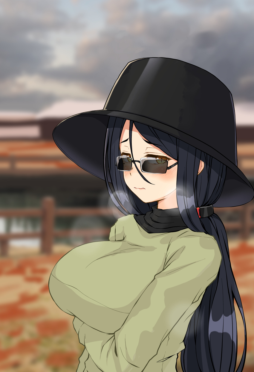 absurdres arms_under_breasts black_hair black_hat blurry blurry_background blush breasts breath bucket_hat closed_mouth cloud commentary_request female fence fushimimukai_sanae green_shirt hair_between_eyes hat highres kitsunerider large_breasts long_hair long_sleeves looking_at_viewer mature_female mole mole_under_eye original outdoors rectangular_eyewear shirt solo sunglasses swept_bangs upper_body yellow_eyes