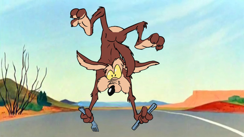 16:9 3_toes 4_fingers 4k abstract_background absurd_res anthro arched_soles arm_tuft ass athletic bent_back bent_legs big_eyes biped black_eyes black_nose brown_body brown_fur butt_pose calf_tuft canid canine canis canyon claws coyote curling_toes cutlery dangling_feet dangling_legs dated desert detailed digital_drawing_(artwork) digital_media_(artwork) ears_down elbow_tuft eyebrows featureless_crotch feet feet_up finger_claws fingers flat_colors fork front_view fur hi_res humanoid_feet kitchen_utensils knee_tuft knife leg_tuft legs_up looking_at_viewer looney_tunes male mammal nude outside paws pinup pivoted_ears plantigrade pose rear_view road shaky_legs sharp_teeth shoulder_tuft signature skinny soles spine stevethedragon tail_down tan_body tan_eyebrows tan_fur teeth teeth_showing toe_claws toes tools tuft two_tone_feet upside-down warner_brothers wide_eyed widescreen wile_e._coyote yellow_sclera