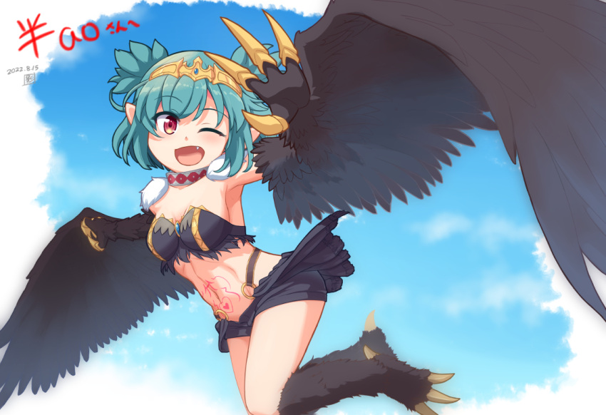 bird_legs black_feathers black_shorts black_wings breasts check_commentary claws cloud commentary_request commission dated feathers female flying green_hair harpy indie_virtual_youtuber kagelantern lincoro monster_girl navel oerba_yun_fang one_eye_closed open_mouth pointy_ears red_eyes short_hair short_shorts short_twintails shorts skeb_commission small_breasts solo stomach_tattoo talons tattoo tiara twintails virtual_youtuber winged_arms wings