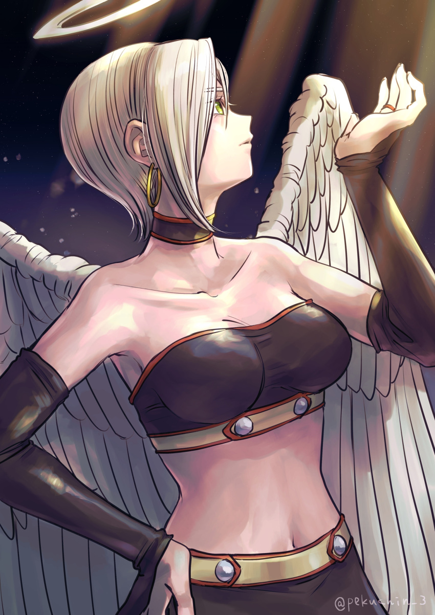 angel angel_wings bandeau bare_shoulders black_choker black_gloves black_skirt breasts bridal_gauntlets choker collarbone commentary_request crop_top dragon_quest dragon_quest_ix duplicate earrings elbow_gloves female gloves green_eyes grey_hair halo highres hoop_earrings jewelry medium_breasts midriff navel pekuchin_(pekuchin_3) pixel-perfect_duplicate raviel ring short_hair skirt solo strapless tube_top twitter_username white_wings wings