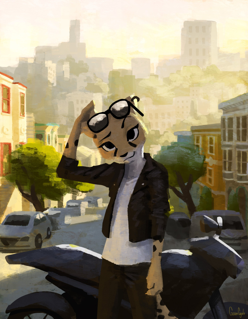 2022 absurd_res ambiguous_gender anthro cheetah clothed clothing digital_media_(artwork) eyewear eyewear_on_head felid feline gamgyuls hi_res looking_at_viewer mammal motorcycle outside solo sunglasses sunglasses_on_head vehicle