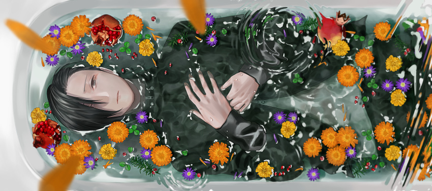 1boy afloat bad_id bad_pixiv_id bathing bathtub berry black_eyes black_hair black_jacket black_pants calendula clothed_bath clover cowboy_shot daisy flower food from_above fruit hair_over_one_eye highres jacket jujutsu_kaisen kuro_(grf) long_sleeves looking_at_viewer male_focus marigold orange_flower pants petals petals_on_liquid pomegranate purple_flower ripples school_uniform shirt solo water white_background white_shirt yellow_flower yew yoshino_junpei