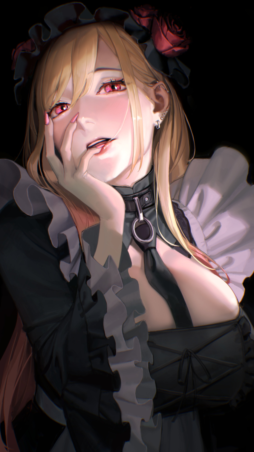 absurdres black_background blonde_hair breasts commentary cosplay ear_piercing earrings female highres jewelry kitagawa_marin kuroe_shizuku kuroe_shizuku_(cosplay) limart multicolored_hair nail_polish piercing red_eyes sono_bisque_doll_wa_koi_wo_suru