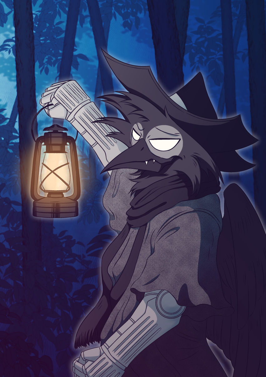 absurd_res anthro avian beak bird blackout corvid corvus_(genus) crow forest hi_res lamp lantern looking_at_viewer male oscine passerine plant solo tree wings