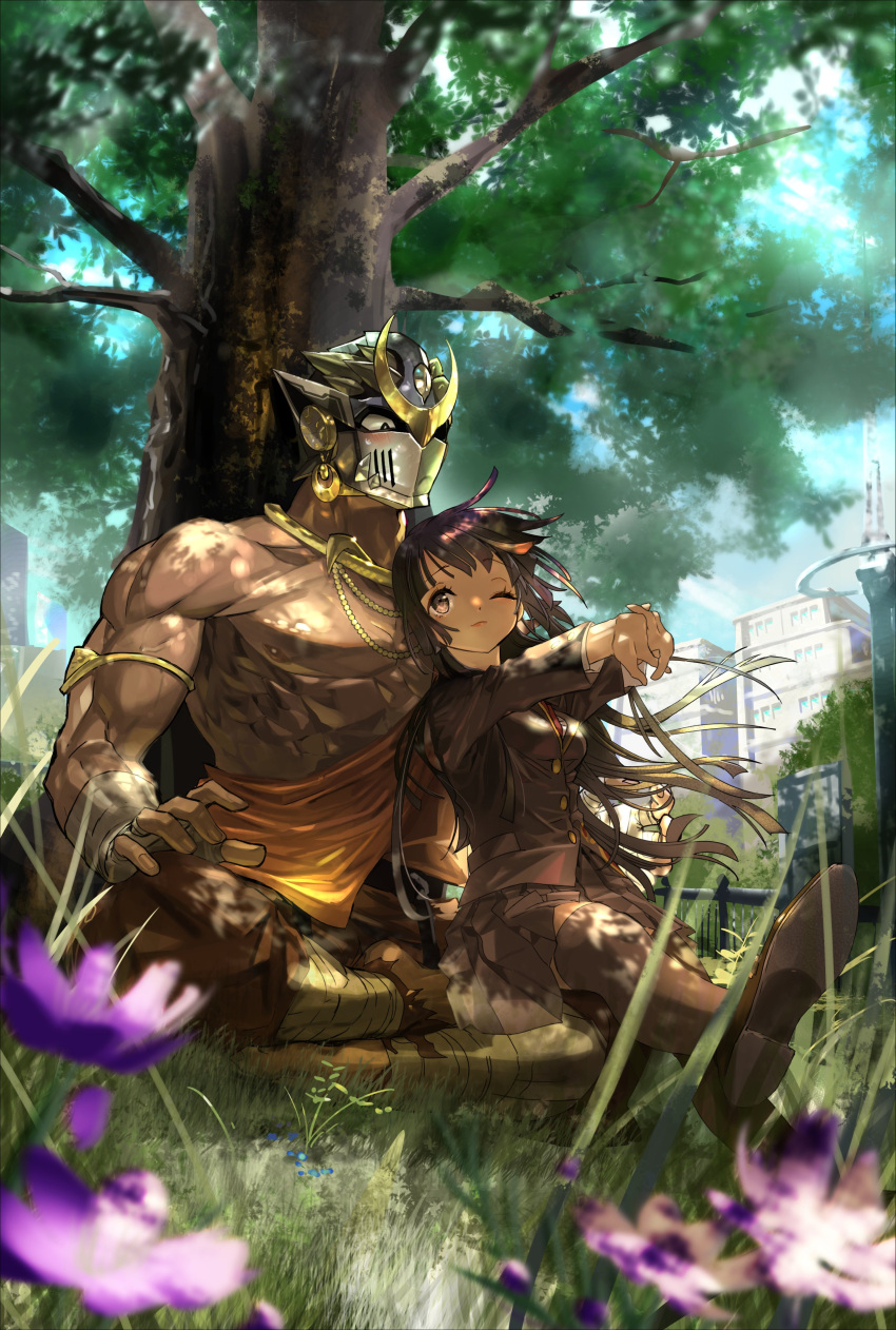 1boy abs absurdres bara bare_pectorals black_hair blush commentary commission dark-skinned_male dark_skin female flower full_body grass helmet highres jewelry large_pectorals long_hair matsumoto_akira muscular muscular_male nipples outdoors pectorals protagonist_2_(housamo) scar school_uniform shirt shiva_(housamo) skirt smile stretching telekinesis tokyo_afterschool_summoners tree umbrakinesis veins