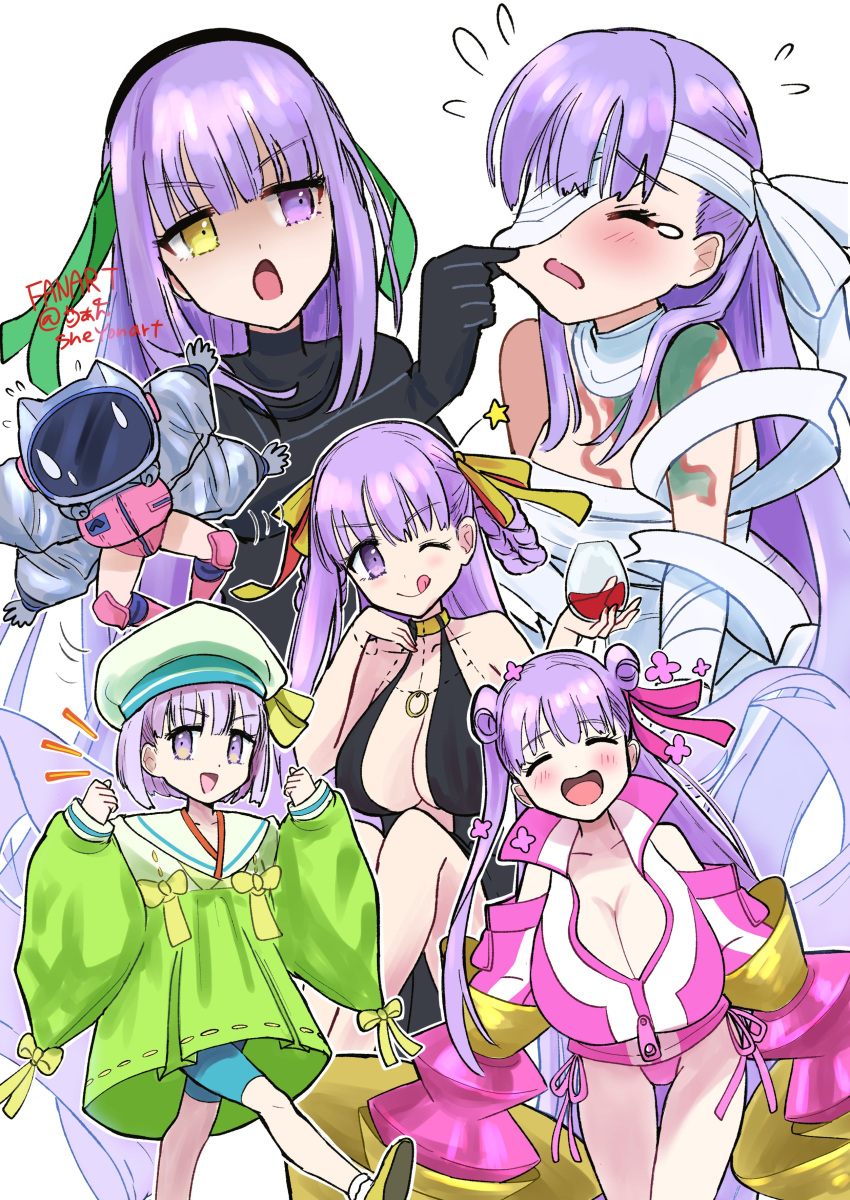 6+girls absurdres bandage_over_one_eye bandaged_arm bandages bb_cosmo_(fate) bb_dubai_(fate) beret black_dress braid braided_hair_rings breasts cheek_pull chibi cleavage cup double_bun dress drinking_glass fate/grand_order fate_(series) hair_bun hair_rings hat helmet heterochromia highres huge_breasts kazuradrop_(fate) kingprotea_(fate) large_breasts long_hair multiple_girls one_eye_closed passionlip_(fate) purple_eyes purple_hair sheyona space_helmet tears tongue tongue_out very_long_hair wide_sleeves wine_glass xochitonal_(fate) yellow_eyes