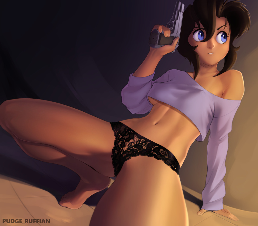 absurdres arm_support bare_shoulders black_panties blue_eyes brown_hair dark-skinned_female dark_skin female gun gunsmith_cats hair_between_eyes hand_up handgun highres holding holding_gun holding_weapon navel panties pudgeruffian rally_vincent short_hair sleeves_past_wrists solo squatting underwear weapon