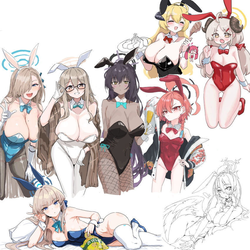 6+girls adjusting_eyewear ahoge akane_(blue_archive) akane_(bunny)_(blue_archive) akari_(blue_archive) alternate_costume animal_ears aqua_bow aqua_bowtie aqua_halo artist_collaboration asuna_(blue_archive) asuna_(bunny)_(blue_archive) bag_of_chips bare_shoulders black_hair black_halo black_horns black_leotard blonde_hair blue_archive blue_bow blue_eyes blue_hairband blue_halo blue_leotard blush bow bowtie breasts brown_eyes chips_(food) cleaning_&_clearing_(blue_archive) clearite cleavage dark-skinned_female dark_skin demon_horns detached_collar earpiece fake_animal_ears fishnet_pantyhose fishnets food glasses gloves grey_hair hair_ornament hair_over_one_eye hairband hairclip halo hand_on_eyewear heart highleg highleg_leotard highres horns huge_ahoge izumi_(blue_archive) jacket karin_(blue_archive) karin_(bunny)_(blue_archive) katsuhiko_(bone_hiko) large_breasts leotard light_brown_hair long_hair looking_at_viewer lying mole mole_under_each_eye mole_under_eye multiple_girls multiple_moles nagisa_(blue_archive) neru_(blue_archive) neru_(bunny)_(blue_archive) official_alternate_costume open_mouth orange_hair pantyhose playboy_bunny potato_chips rabbit_ears red_bow red_bowtie red_eyes red_leotard saboten_drowpic simple_background smile strapless strapless_leotard sukajan toki_(blue_archive) toki_(bunny)_(blue_archive) tomi8tky traditional_bowtie v white_background white_gloves white_leotard white_pantyhose yellow_eyes yellow_halo