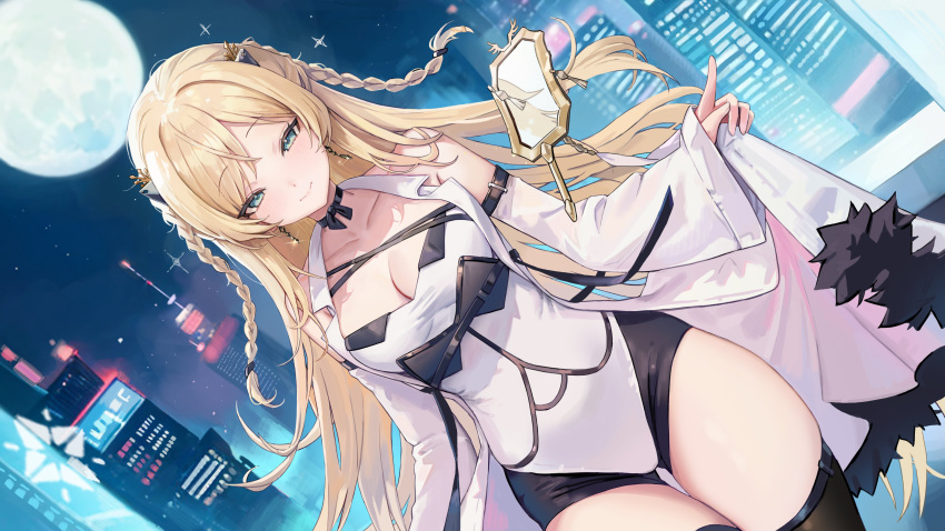 absurdres aqua_eyes black_thighhighs blonde_hair breasts building cityscape cleavage closed_mouth coat coat_hold commentary commentary_request detached_sleeves earrings female full_moon girls'_frontline girls'_frontline_neural_cloud hair_ornament hand_mirror highres jewelry k5_(girls'_frontline) long_hair looking_at_viewer luna_(neural_cloud) mirror moon night night_sky scourer_14 skindentation sky sleeveless sleeveless_coat smile solo star_(sky) thighhighs white_coat