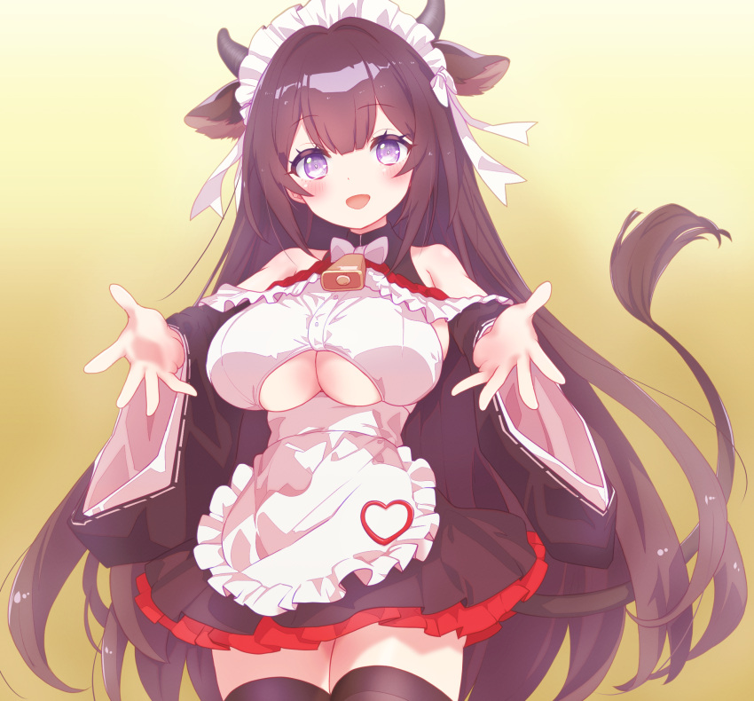 animal_ears apron arbiter1 azur_lane black_dress black_thighhighs blush breast_cutout breasts brown_hair cow_ears cow_girl cow_horns cow_tail dress female frilled_apron frills highres horns kashino_(azur_lane) kashino_(maid_for_mayhem)_(azur_lane) large_breasts long_hair looking_at_viewer maid maid_headdress official_alternate_costume open_mouth outstretched_arms purple_eyes simple_background smile solo tail thighhighs underboob waist_apron wide_sleeves yellow_background