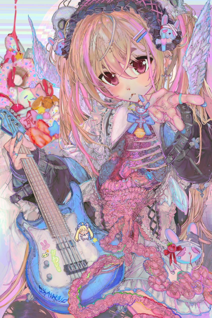 ahoge barbell_piercing bell blonde_hair blood bow chibi cross diemilko double_helix ear_piercing earrings electric_guitar exposed_bone female food frilled_skirt frilled_sleeves frills guitar hair_ornament hairband hairclip highres holding holding_guitar holding_instrument industrial_piercing instrument intestines jewelry lolita_fashion lolita_hairband long_hair multicolored_hair nail_polish neck_bell nosebleed original piercing pink_hair red_eyes ribbon ring skirt skull_hair_ornament sleeve_belt stuffed_animal stuffed_rabbit stuffed_toy sweets v wings