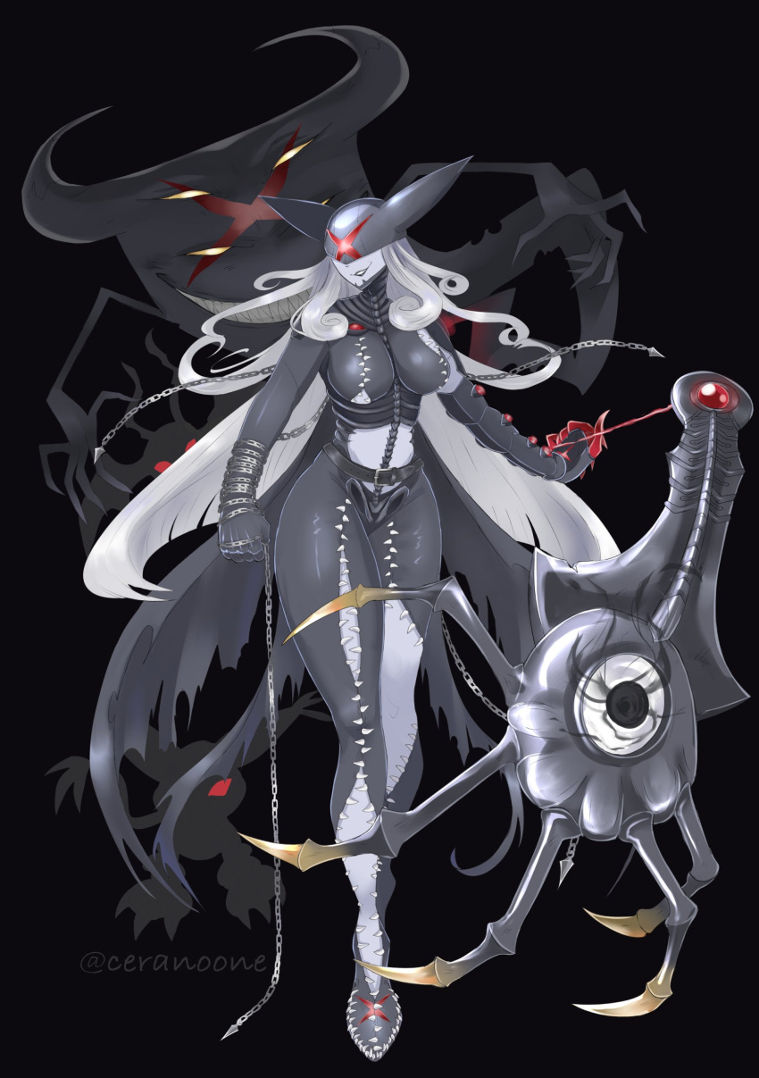 animate_object belt black_belt black_bodysuit black_lips black_mask black_wings blacktailmon bodysuit breasts ceranoone chain_around_arm chains claw_(weapon) claws clothing_cutout colored_skin covered_eyes demon_girl demon_wings digimon digimon_(creature) extra_eyes familiar female four_eyes full_body gem grey_skin grin highres holding holding_chain horns ladydevimon_x-antibody large_breasts lipstick long_claws long_hair looking_at_viewer makeup picodevimon red_eyes red_gemstone sharp_teeth silhouette simple_background smile solid_eyes standing stomach_cutout teeth torn_bodysuit torn_clothes torn_wings weapon white_hair wings zipper