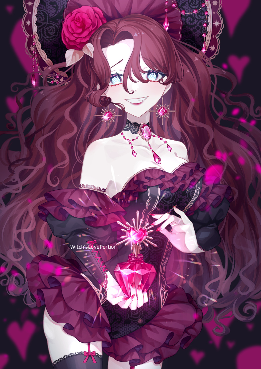 @_@ absurdres akikawa_higurashi bare_shoulders black_background black_choker black_leotard black_sleeves black_thighhighs blue_eyes bonnet bottle breasts choker cleavage cowboy_shot crazy_grin cross-laced_clothes cross-laced_sleeves curtained_hair detached_sleeves earrings falling_petals female flower frilled_leotard frilled_sleeves frills garter_straps grin hair_between_eyes hair_flower hair_ornament heart heart_background highres holding holding_bottle jewelry juliet_sleeves lace lace_choker leotard lipstick long_hair long_sleeves looking_at_viewer love_potion makeup nail_polish oerba_yun_fang original pendant_choker petals pink_flower pink_gemstone pink_nails pink_rose potion puffy_sleeves purple_skirt red_hair rose showgirl_skirt skirt smile solo straight-on strapless strapless_leotard thighhighs very_long_hair wavy_hair