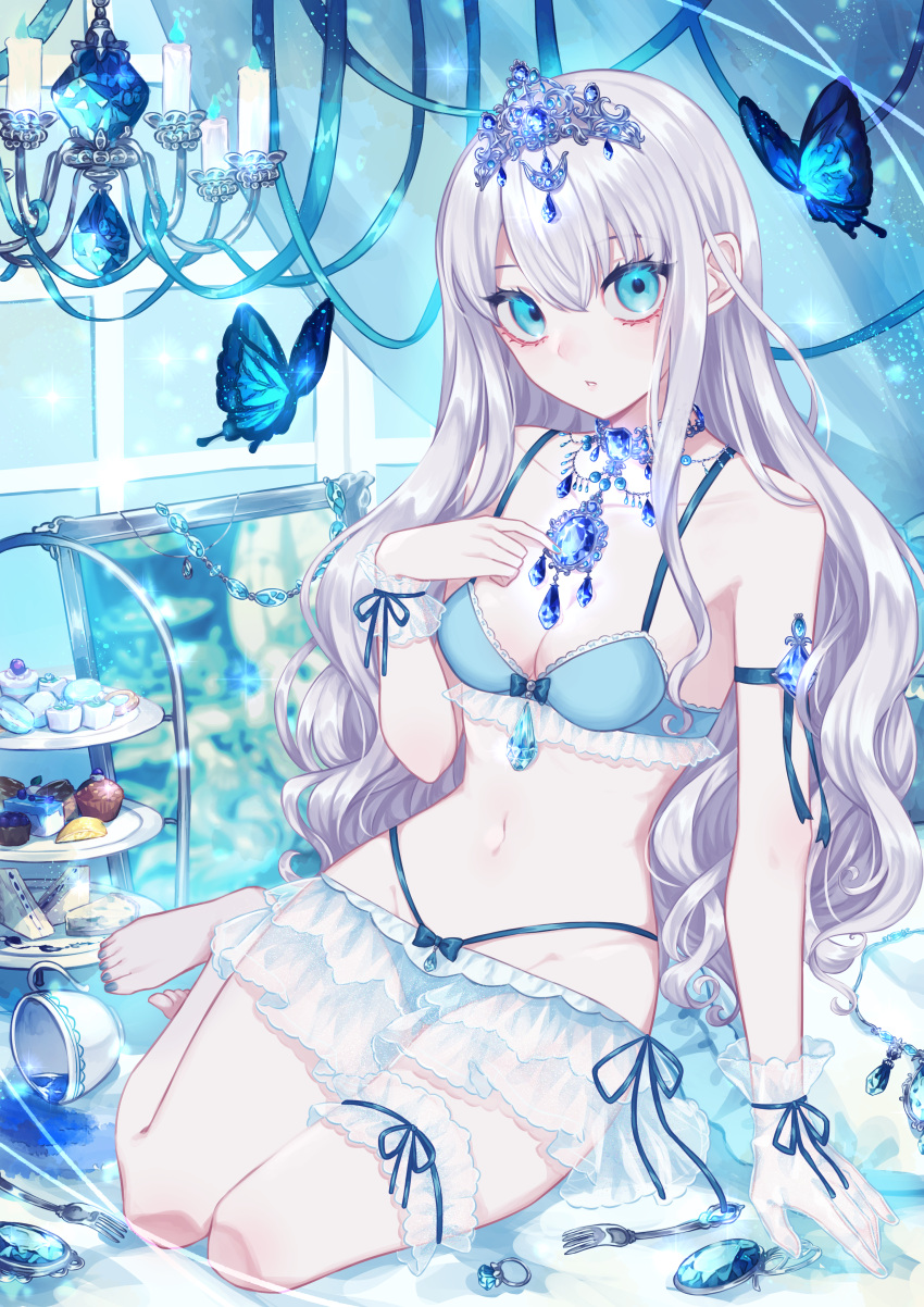 absurdres akikawa_higurashi arm_ribbon arm_support barefoot blue_bra blue_butterfly blue_eyes blue_gemstone blue_nails blue_panties blue_ribbon blue_theme bow bow_bra bra breasts bridal_garter bug butterfly cake chandelier cleavage commentary_request cup curtains english_commentary female food fork frilled_bra frilled_panties frills fruit full_body gem gloves hair_between_eyes hand_on_own_chest highleg highleg_panties highres jewelry lemon lemon_slice lingerie long_hair macaron medium_breasts miniskirt mixed-language_commentary muffin muntins nail_polish necklace on_bed original painting_(object) panties parted_lips ribbon ring sandwich scone see-through_clothes see-through_gloves see-through_skirt side-tie_panties single_glove single_wrist_cuff sitting skirt solo spill tart_(food) teacup tiara tiered_tray toenail_polish toenails underwear underwear_only unworn_jewelry unworn_necklace unworn_ring wavy_hair white_gloves white_hair white_wrist_cuffs window wrist_cuffs yokozuwari