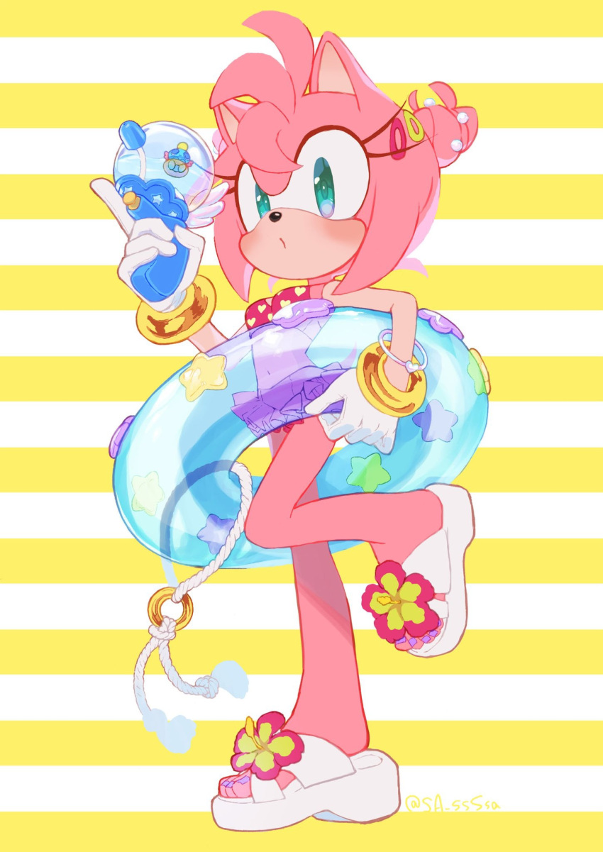 adapted_costume alternate_hairstyle amy_rose amy_rose_(summer) animal_nose aqua_eyes bikini bracelet breasts chao_(sonic) commentary_request female flower full_body furry furry_female gold_bracelet hair_bun hedgehog_girl highres holding holding_water_gun innertube jewelry konjiki_ringo looking_at_viewer neutral_chao official_alternate_costume pink_fur sandals single_hair_bun solo sonic_(series) standing standing_on_one_leg swim_ring swimsuit water_gun