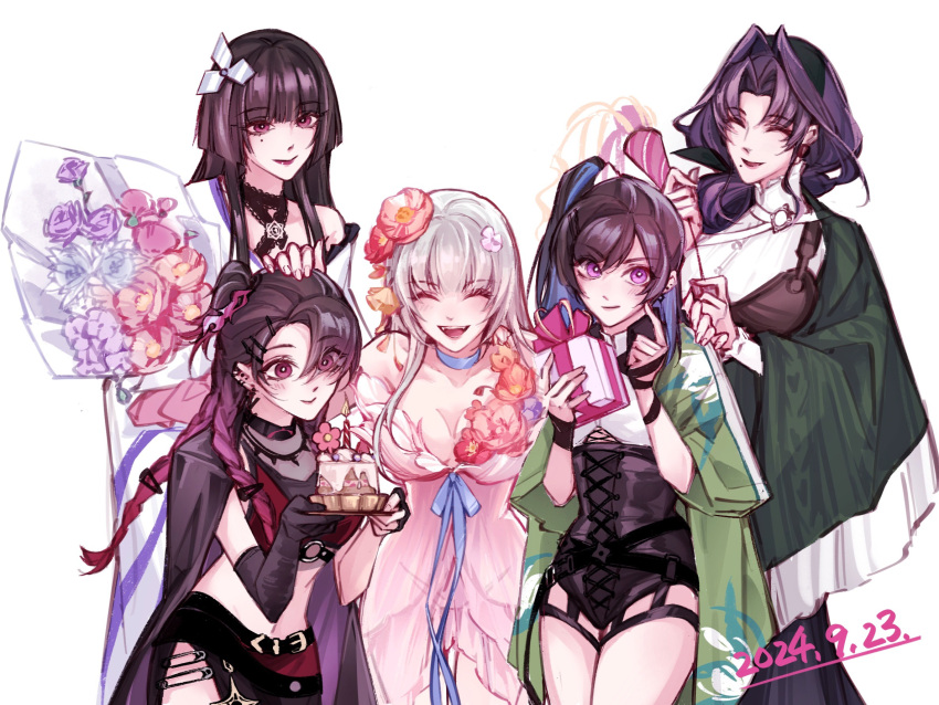 5girls arm_around_shoulder asymmetrical_gloves bare_shoulders black_cape black_hair black_leotard blue_choker blue_hair blue_ribbon blunt_bangs blunt_ends blush bouquet box breasts brooch cake candle cape carnation chinese_commentary choker cleavage closed_eyes collarbone collared_shirt colored_inner_hair commentary coquelic_(path_to_nowhere) crop_top cross-laced_clothes cross-laced_leotard curtained_hair dated dress elbow_gloves epiphyllum fingerless_gloves flower food forehead garofano_(path_to_nowhere) gekkabijin_(path_to_nowhere) gift gift_box gloves gradient_hair green_haori green_shawl hair_flower hair_intakes hair_ornament hair_over_one_eye hand_on_another's_head hand_on_another's_shoulder haori highres hime_cut holding holding_bouquet holding_gift holding_plate japanese_clothes jewelry kimono leather_apron leotard long_hair midriff mismatched_gloves mole mole_under_eye mole_under_mouth multicolored_hair multiple_girls navel official_alternate_costume one_side_up open_mouth party_popper path_to_nowhere pink_dress pink_hair plate poppy_(flower) procreate_(medium) purple_eyes purple_flower purple_hair quad_braids red_eyes red_flower red_shirt ribbon shirt shuriken_hair_ornament simple_background single_bare_shoulder single_elbow_glove single_off_shoulder smile streaked_hair sumire_(path_to_nowhere) swept_bangs thistle_(path_to_nowhere) white_background white_flower white_hair white_kimono white_shirt wubeinai_miao_shiye