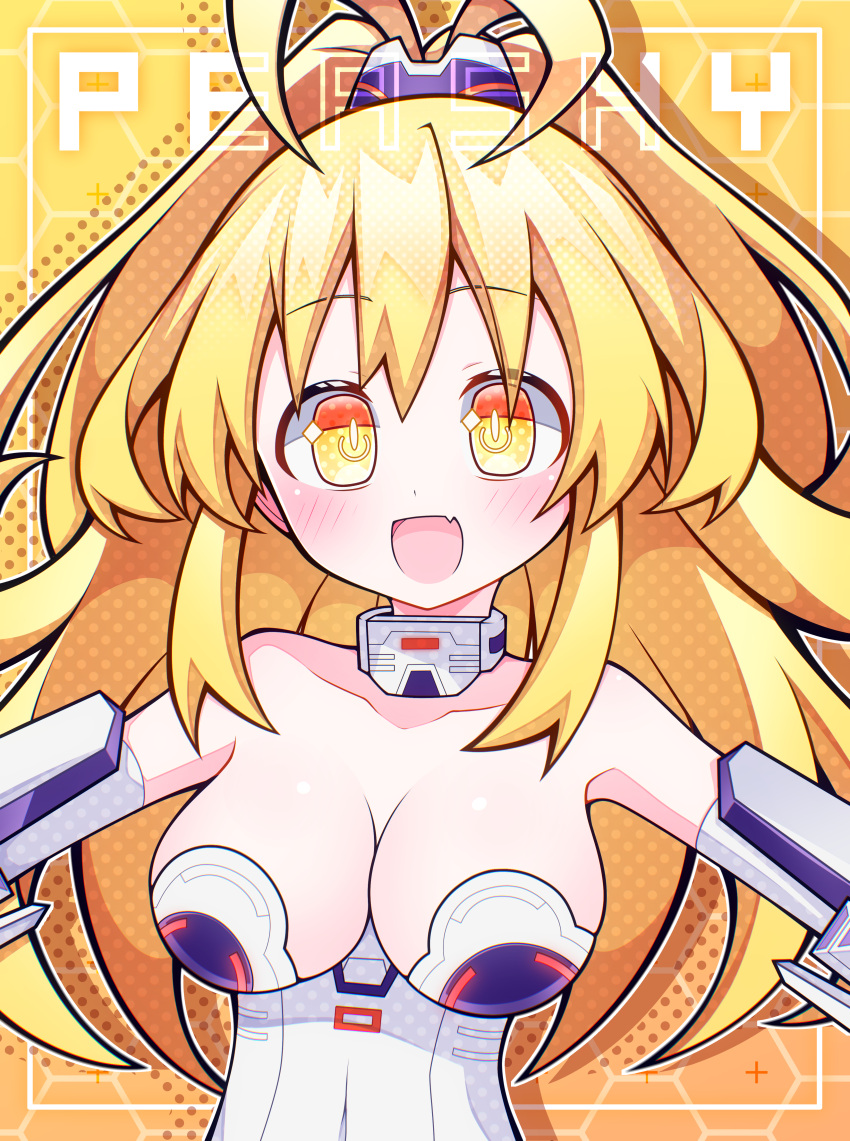 :d absurdres ahoge aijiro83 antenna_hair blonde_hair blush bodysuit breasts character_name choker commentary female highres huge_breasts kami_jigen_game_neptune_v long_hair looking_at_viewer neptune_(series) smile solo symbol-shaped_pupils white_bodysuit yellow_eyes yellow_heart_(neptunia)