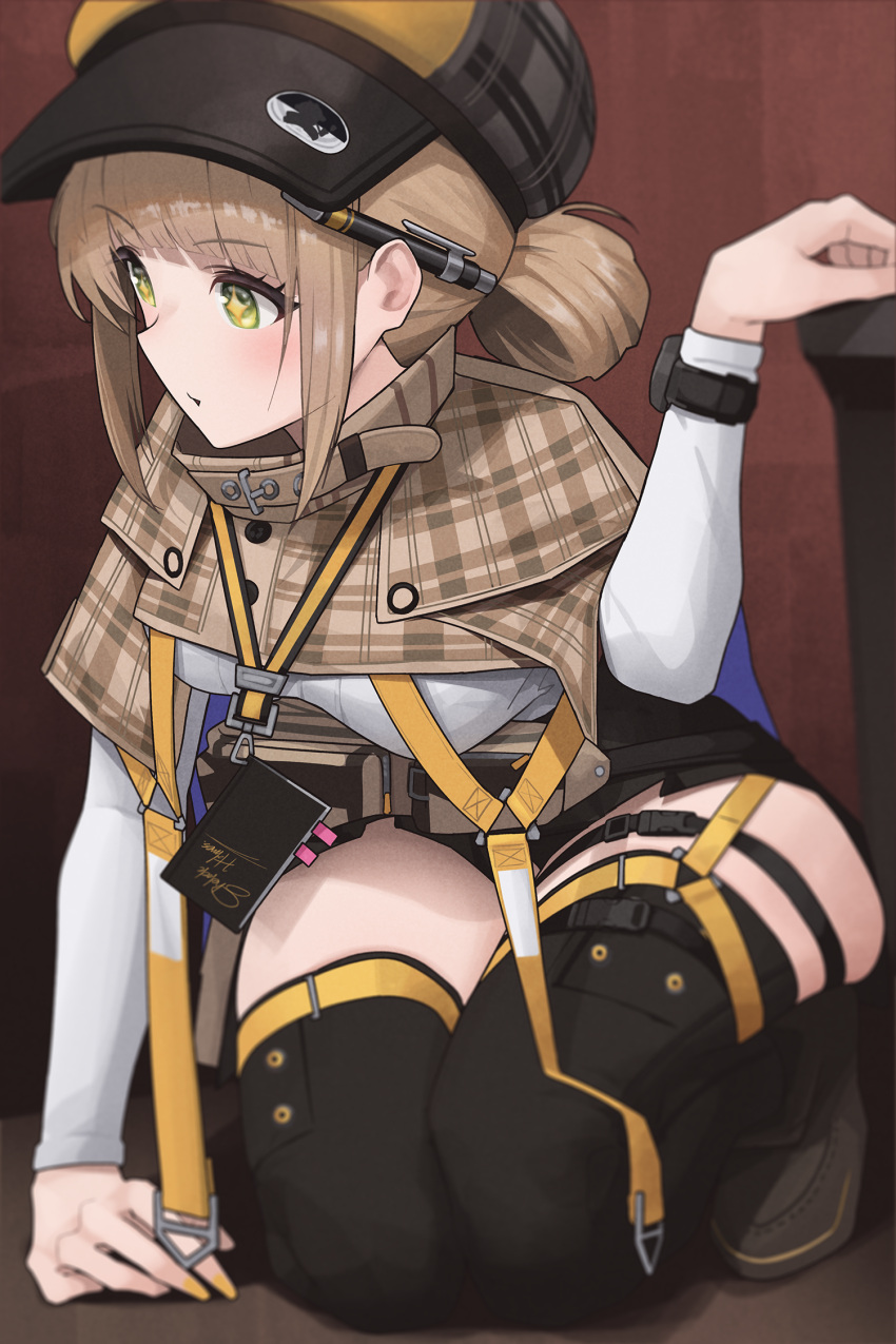 black_skirt black_thighhighs brown_capelet brown_hair capelet deerstalker female gloomyowl goddess_of_victory:_nikke green_eyes hat highres holding holding_pen lanyard long_sleeves looking_at_viewer novel_(nikke) pen plaid_capelet plaid_clothes shirt short_hair short_twintails skirt solo squatting thighhighs twintails white_shirt