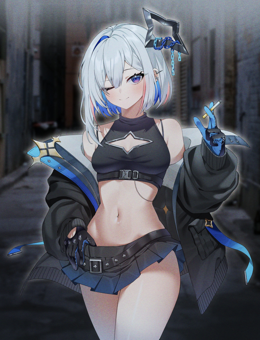 ;) absurdres alley alternate_breast_size alternate_costume amane_kanata bare_shoulders belt black_belt black_gloves black_halo black_jacket black_shirt black_skirt blue_gloves blue_hair blurry blurry_background bra_strap breasts center-flap_bangs chains chest_belt cigarette cleavage_cutout closed_mouth clothing_cutout colored_inner_hair commentary cowboy_shot cropped_shirt double-parted_bangs earrings female gloves grey_hair halo hand_up highres holding holding_cigarette hololive hololive_grand_theft_auto jacket jewelry looking_at_viewer medium_breasts microskirt multicolored_hair navel off_shoulder one_eye_closed pink_hair pleated_skirt purple_eyes shirt short_hair single_hair_intake skirt sleeveless sleeveless_shirt smile solo spiked_ear_piercing standing star_cutout stomach streaked_hair tjrwnsleo two-sided_gloves virtual_youtuber