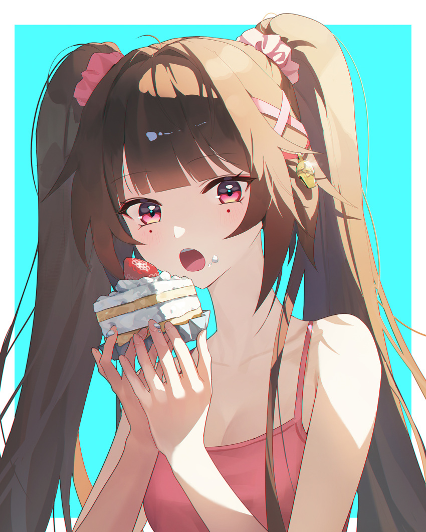 alternate_costume bare_shoulders blue_background border breasts brown_hair cake cake_slice camisole cleavage commentary_request cream cream_on_face cropped_arms female food food_on_face hair_intakes hair_ornament hair_scrunchie highres holding holding_food honkai:_star_rail honkai_(series) long_hair looking_at_viewer medium_breasts mole mole_under_each_eye mole_under_eye multiple_moles open_mouth outside_border pink_camisole pink_scrunchie red_eyes scrunchie simple_background solo sparkle_(honkai:_star_rail) strawberry_shortcake twintails upper_body white_background white_border x_hair_ornament yanjem