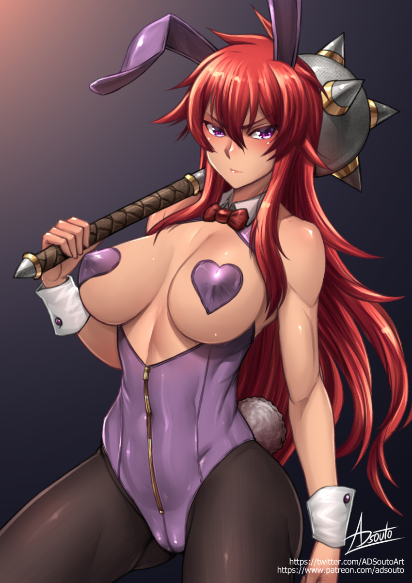 adsouto animal_ears black_pantyhose bow bowtie breast_cutout breasts fake_animal_ears fake_tail female gradient_background highres holding holding_mace holding_weapon large_breasts long_hair looking_at_viewer mace over_shoulder pantyhose pasties playboy_bunny purple_eyes queen's_blade rabbit_ears rabbit_tail red_bow red_bowtie red_hair risty_(queen's_blade) signature solo spiked_mace spikes tail weapon weapon_over_shoulder wrist_cuffs