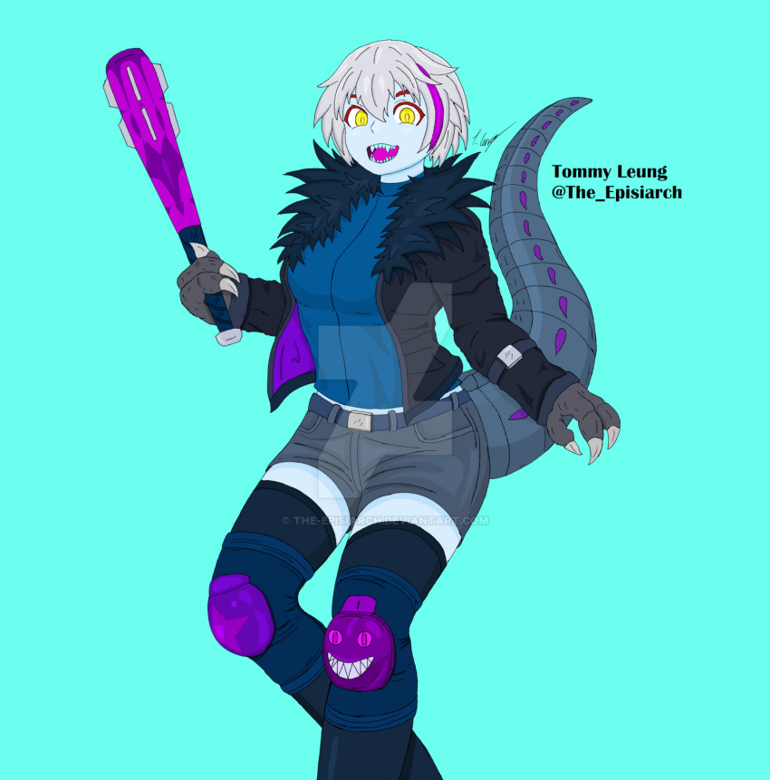 artist_name baseball_bat belt black_jacket black_thighhighs blue_background blue_shirt claws colored_skin commentary english_commentary fur-trimmed_collar fur_trim grey_shorts grey_skin highres holding holding_baseball_bat jacket knee_pads looking_at_viewer monster_girl multicolored_hair open_mouth original parasite personification purple_hair sharp_teeth shirt short_hair short_shorts shorts signature simple_background streaked_hair tail teeth the_episiarch thighhighs white_hair yellow_eyes