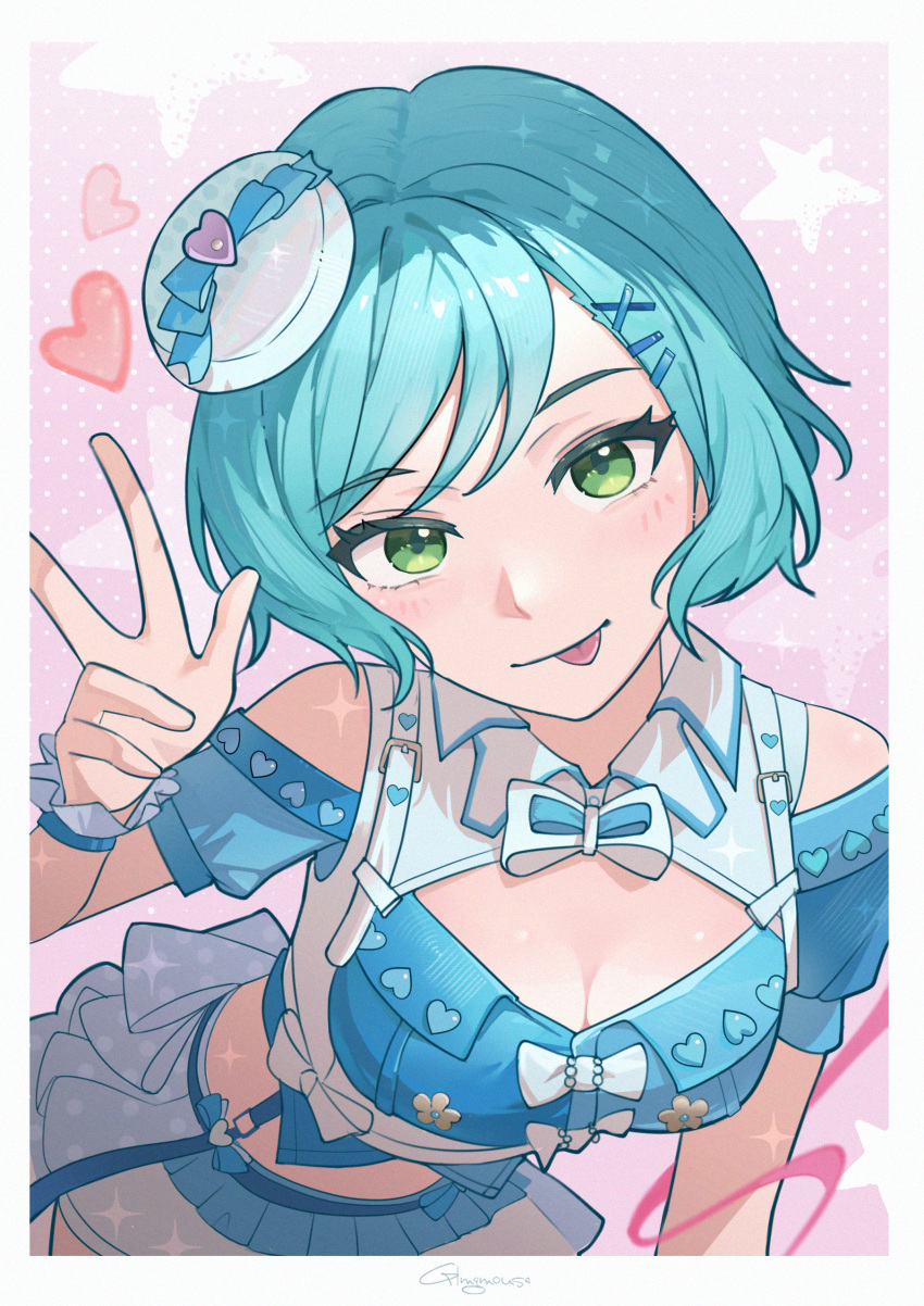 absurdres aqua_hair bang_dream! blue_shirt blush border bow bowtie breasts chinese_commentary cleavage clothing_cutout commentary_request crop_top female gblamgo green_eyes hand_up hat heart highres hikawa_hina idol idol_clothes looking_at_viewer medium_breasts mini_hat mixed-language_commentary partial_commentary shirt short_hair short_sleeves shoulder_cutout skirt solo tongue tongue_out w white_border white_bow white_bowtie white_hat white_skirt