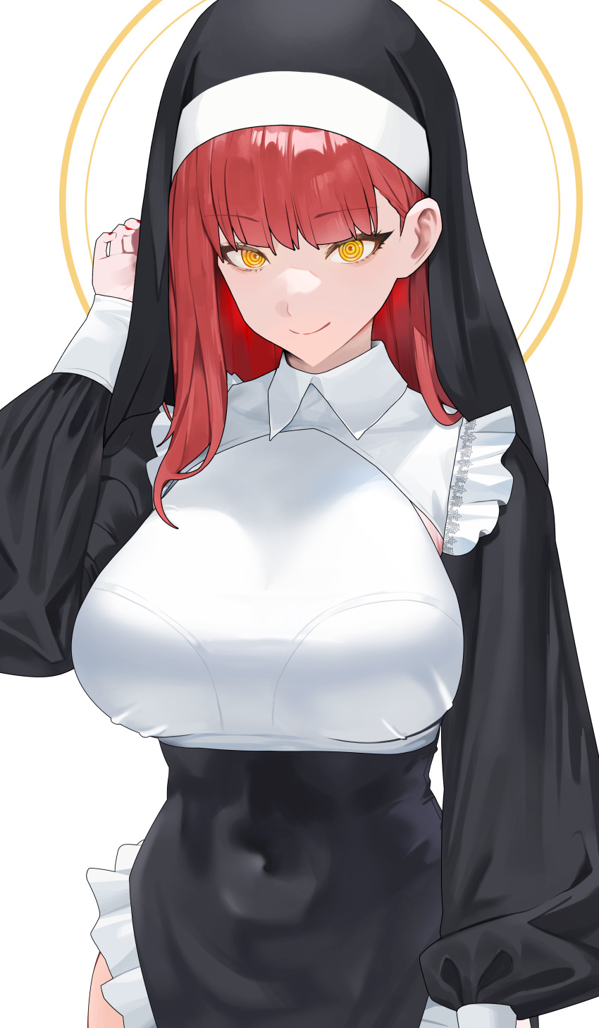 @_@ absurdres black_dress black_nails black_veil blush bra_visible_through_clothes breasts chainsaw_man covered_navel dress female frilled_dress frills habit highres large_breasts long_hair long_sleeves looking_at_viewer makima_(chainsaw_man) nun red_hair side_slit simple_background smile solo veil yellow_eyes yulmu98999