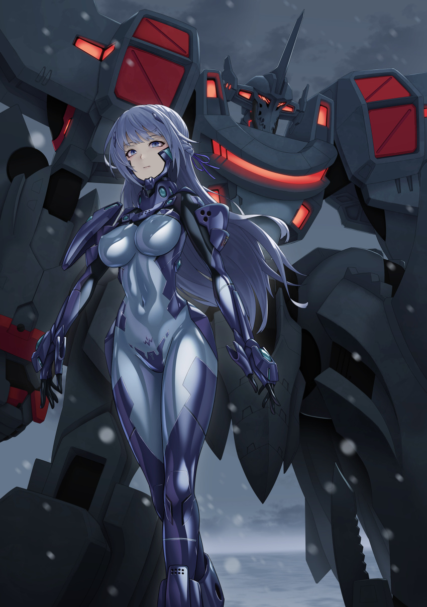 absurdres armored_bodysuit arms_at_sides black_bodysuit blue_bodysuit blue_eyes blue_hair bodysuit breasts commentary_request covered_navel female fortified_suit headgear highres impossible_bodysuit impossible_clothes kurione_(zassou) large_breasts long_hair looking_at_viewer mecha multicolored_bodysuit multicolored_clothes muv-luv muv-luv_alternative muv-luv_total_eclipse original purple_bodysuit robot shiny_clothes skin_tight snowing solo wind wind_lift