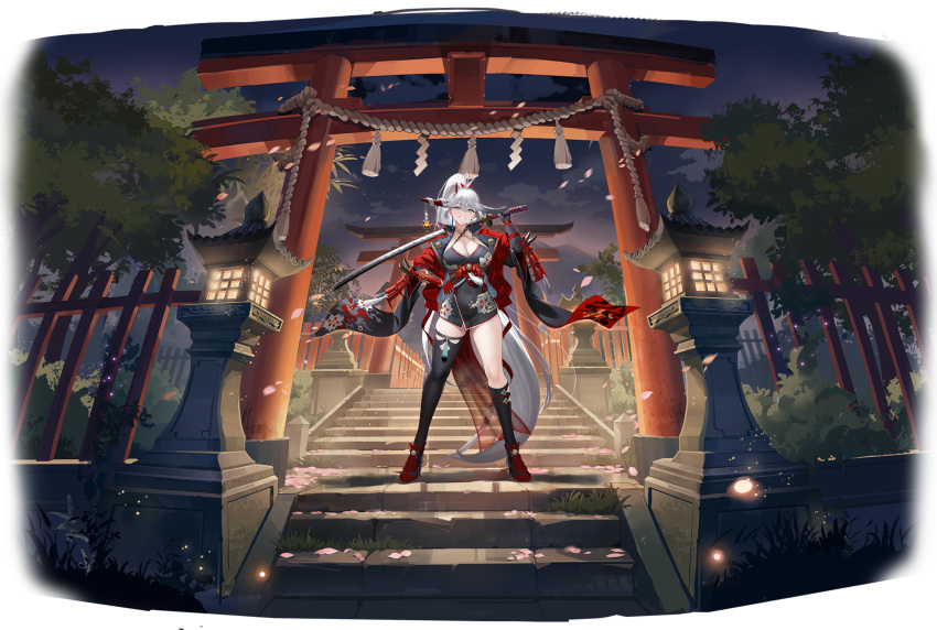 absurdly_long_hair absurdres armor asymmetrical_horns asymmetrical_legwear azur_lane black_kimono black_socks black_thighhighs breasts cleavage earrings female hair_between_eyes hair_on_horn hakuryuu_(azur_lane) high_ponytail highres holding holding_sword holding_weapon horns izuru_(timbermetal) japanese_armor japanese_clothes jewelry katana kimono kneehighs large_breasts long_hair looking_at_viewer mismatched_horns multiple_horns night non-web_source official_alternate_costume official_art outdoors over_shoulder ponytail red_footwear red_horns short_kimono single_kneehigh single_sock single_thighhigh smile socks solo standing stone_lantern sword thighhighs torii tree vambraces very_long_hair weapon weapon_over_shoulder white_eyes white_hair white_horns