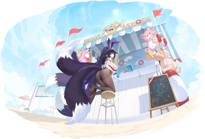 absurdly_long_hair absurdres animal_ears ass azur_lane beach beach_umbrella black_leotard black_pantyhose blue_sky breasts dishwasher1910 fake_animal_ears feet female fishnet_pantyhose fishnets floppy_ears fox_ears fox_girl from_behind highres holding_toy_gun innertube kitsune kyuubi large_breasts leotard lifebuoy long_hair looking_at_viewer manjuu_(azur_lane) menu_board multiple_tails musashi_(azur_lane) musashi_(the_purple_rabbit's_marksmanship)_(azur_lane) non-web_source nontraditional_playboy_bunny official_art pantyhose purple_trim rabbit_ears sideboob sky soles strapless strapless_leotard stuffed_animal stuffed_toy stuffed_unicorn swim_ring tail umbrella very_long_hair