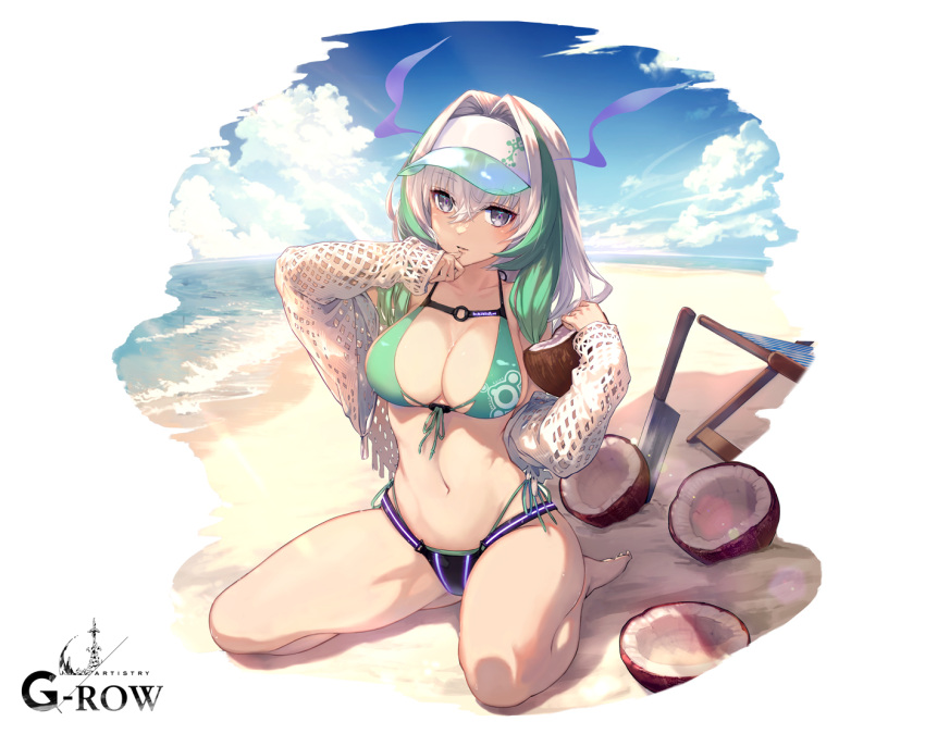 barefoot beach bikini blue_sky breasts cloud coconut_tree commentary_request dare_ga_tame_no_alchemist day female full_body green_bikini green_hair grey_eyes grey_hair hair_intakes kitchen_knife large_breasts looking_at_viewer matia_(dare_ga_tame_no_alchemist) midriff navel ocean official_art outdoors palm_tree rinzo second-party_source sitting sky solo swimsuit tree visor_cap wariza