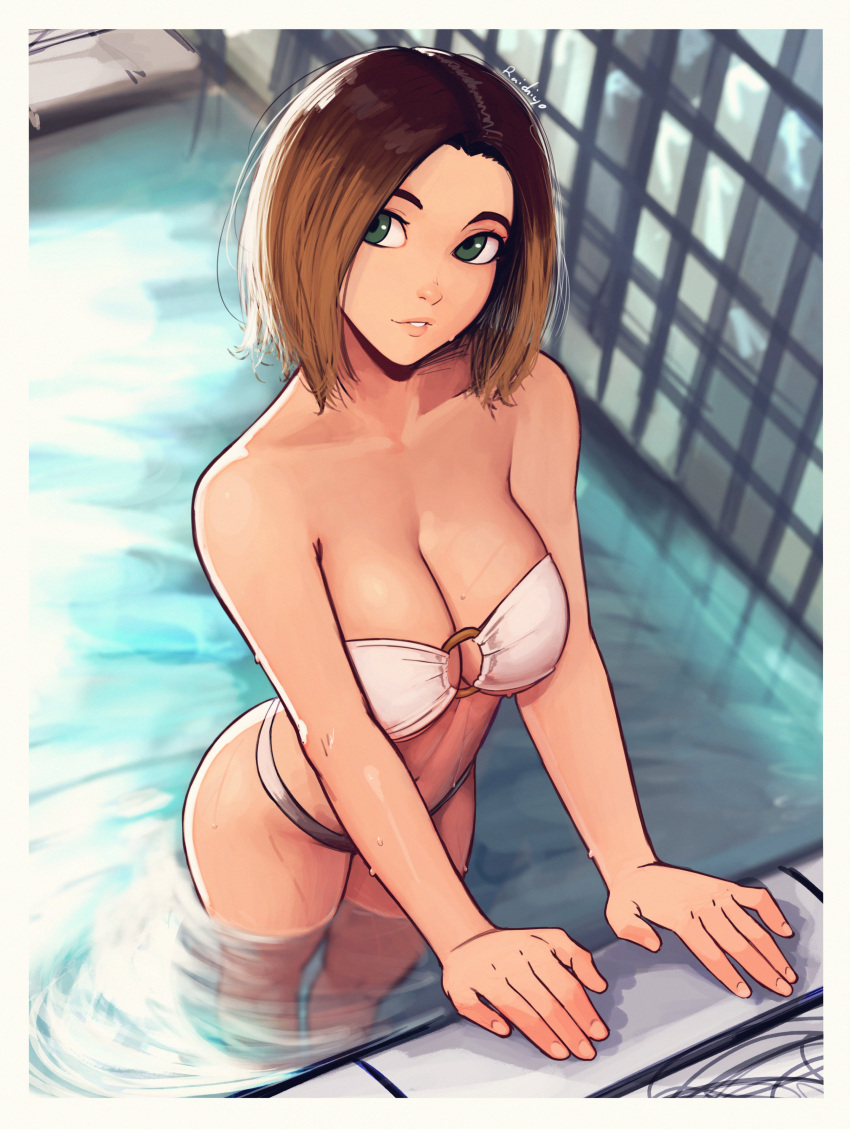 absurdres artist_name bikini breasts brown_hair cleavage collarbone commentary english_commentary female green_eyes highres indoors large_breasts looking_at_viewer medium_hair navel o-ring o-ring_bikini original parted_lips partially_submerged pool raichiyo33 smile solo strapless strapless_bikini swimsuit wet white_bikini