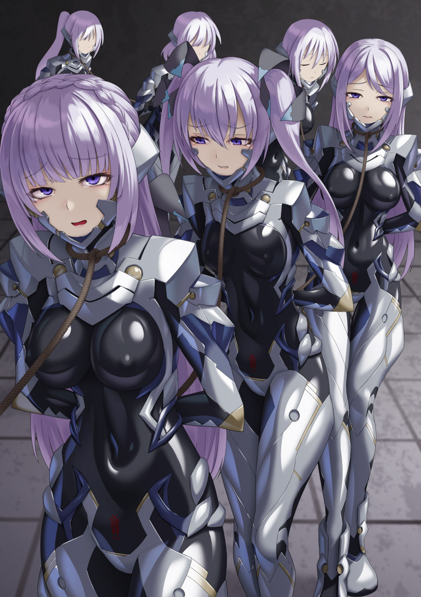 6+girls armored_bodysuit arms_behind_back black_bodysuit bodysuit breasts closed_eyes commentary_request covered_navel covered_nipples fortified_suit grey_bodysuit headgear highres impossible_bodysuit impossible_clothes kurione_(zassou) large_breasts long_hair looking_at_viewer medium_breasts multiple_girls muv-luv muv-luv_alternative original pink_eyes ponytail purple_eyes rope shiny_clothes short_hair skin_tight small_breasts twintails two-tone_bodysuit very_long_hair