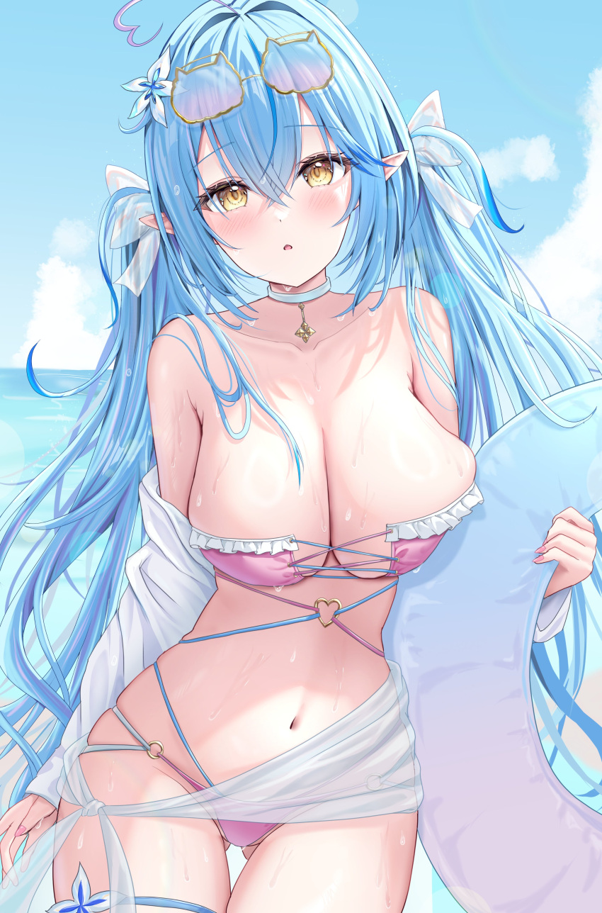 absurdres ahoge arm_at_side beach bikini blue_hair blush bow breasts bridal_garter choker cleavage commentary_request cowboy_shot criss-cross_straps day eyewear_on_head female flower_hairpin hair_between_eyes hairbow heart heart_ahoge heart_ring_strap highres hololive inflatable_raft jewelry large_breasts long_hair looking_at_viewer multicolored_bikini multicolored_clothes multiple_hair_bows navel parted_lips pointy_ears shirt solo stomach sunglasses swimsuit tied_shirt twintails uni_ikura virtual_youtuber wet wet_clothes wet_shirt white_bow white_choker yellow_eyes yukihana_lamy