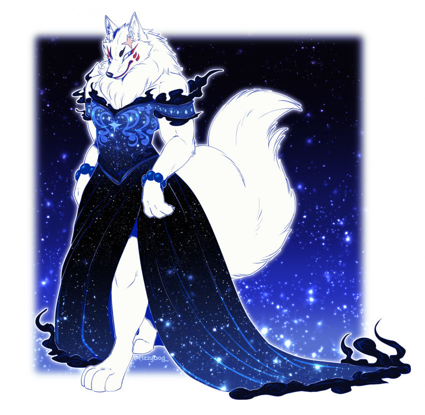 anthro blue_clothing blue_dress canid canine clothed clothing crossdressing dress fancy_dress fizzy-dog fox fur gingitsune gintaro hi_res male mammal solo white_body white_fur